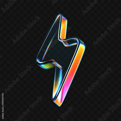 3d glass lightning icon with holographic effect isolated on black background. Render transparent glass thunder bolt with crystal chromatic dispersion of light, rainbow gradient. 3d vector morphism