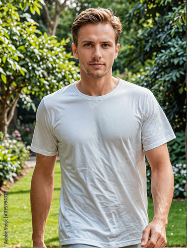 Retrato de un hombre blanco en un jardín vistiendo una camiseta blanca casual 