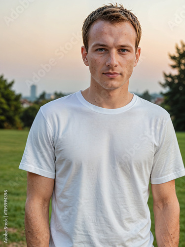 Retrato de un hombre blanco en un jardín vistiendo una camiseta blanca casual 