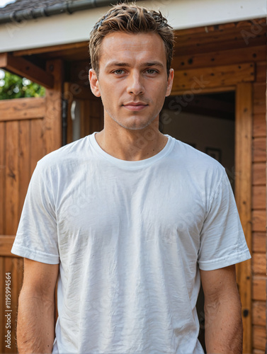 Retrato de un hombre blanco en un jardín vistiendo una camiseta blanca casual 