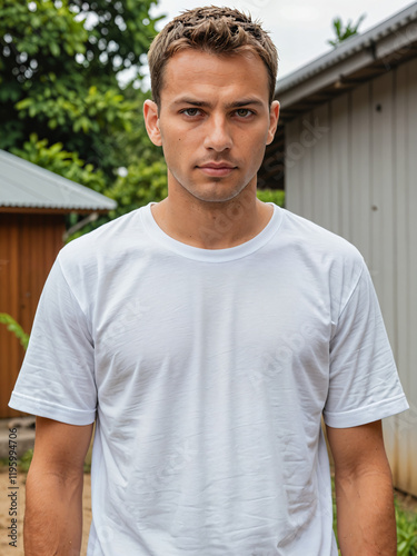Retrato de un hombre blanco en un jardín vistiendo una camiseta blanca casual 