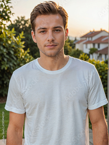 Retrato de un hombre blanco en un jardín vistiendo una camiseta blanca casual 