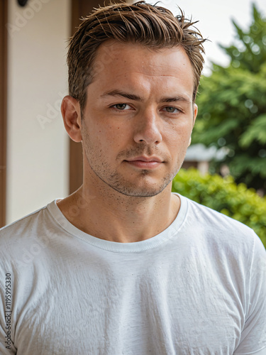 Retrato de un hombre blanco en un jardín vistiendo una camiseta blanca casual 
