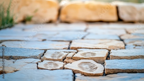 Ancient fossilized footprints in a stone pathway, historical and mysterious feel photo