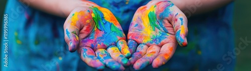 Closeup of paintcovered hands creating art, vibrant and passionate tone photo