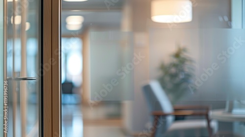 Abstract Blurred Office Interior View Through Glass Door.