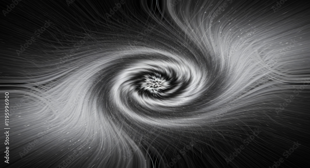 Naklejka premium Abstract Black and White Swirling Vortex, Spiral Galaxy, Cosmic Nebula Texture