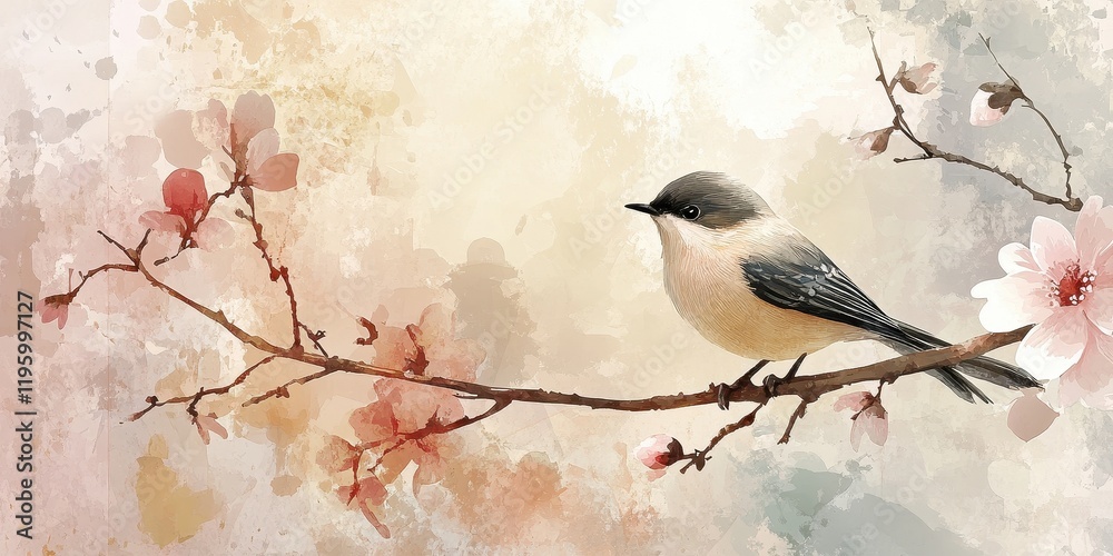 A Small Bird Perched On A Branch With Blossoms A Small Bird Perched On A Branch With Blossoms