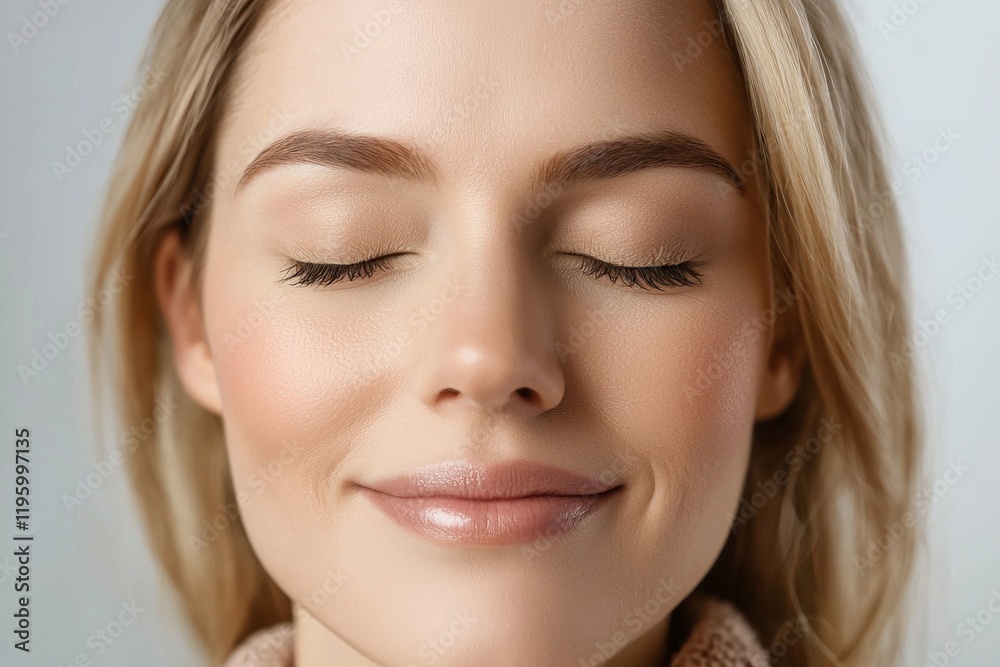 Fototapeta premium Peaceful woman with closed eyes expressing calmness and happiness in soft light setting indoors