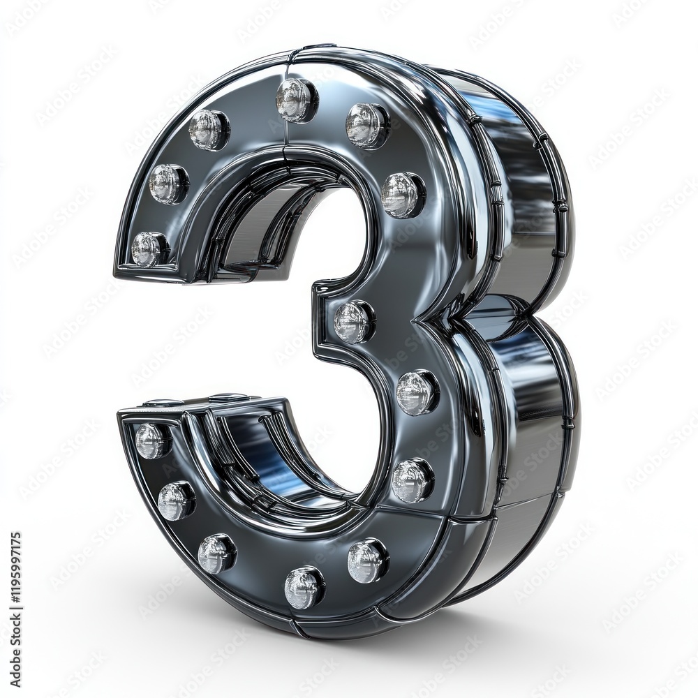 Chrome Number Three with Lights: A 3D Render of a Shiny Metallic Digit Chrome Number Three with Lights: A 3D Render of a Shiny Metallic Digit