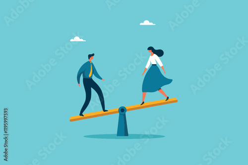 Equilibrium in Business, A Businessman and Businesswoman Balancing Together on an Equal Seesaw