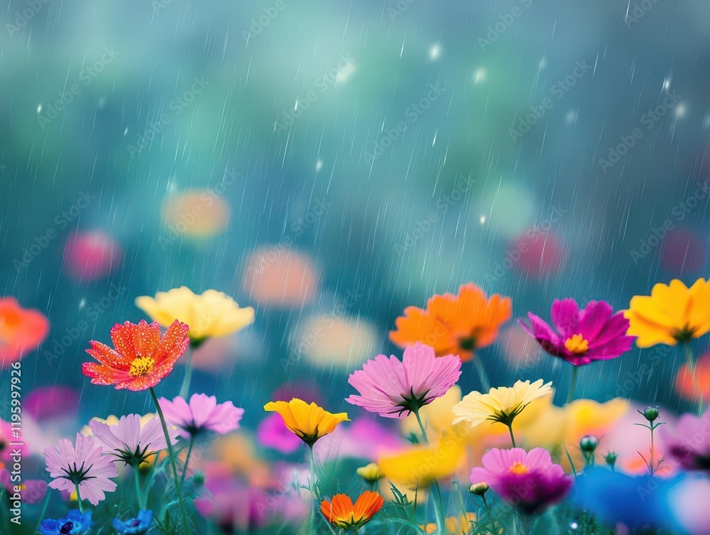 Obraz premium Rain falling softly in a meadow of wildflowers, vibrant colors and serene atmosphere