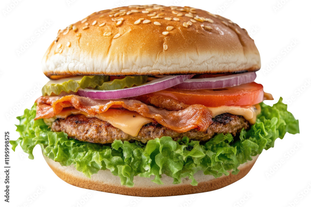 Hamburger Classic Burger American Cheeseburger with Lettuce Tomato Onion Cheese Beef and Sauce Close up isolated on white Background.