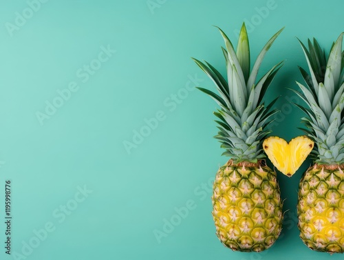 Two pineapples with their leaves touching, forming a heart shape, tropical tones, space for text photo