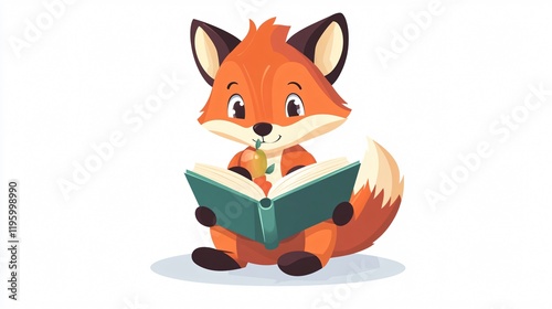 Adorable fox reading book with apple in back-to-school setting