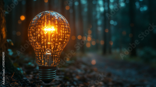 A glowing innovative light bulb symbolizing creativity and new ideas set against a blurred data-driven background in neutral tones representing the fusion of technology and inspiration

 photo