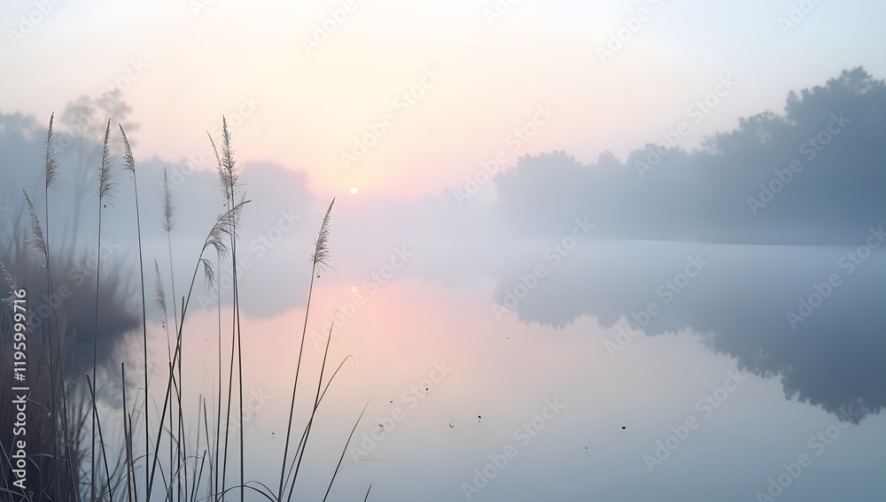 Fototapeta premium Ethereal Glow: Morning's Embrace by the Lake