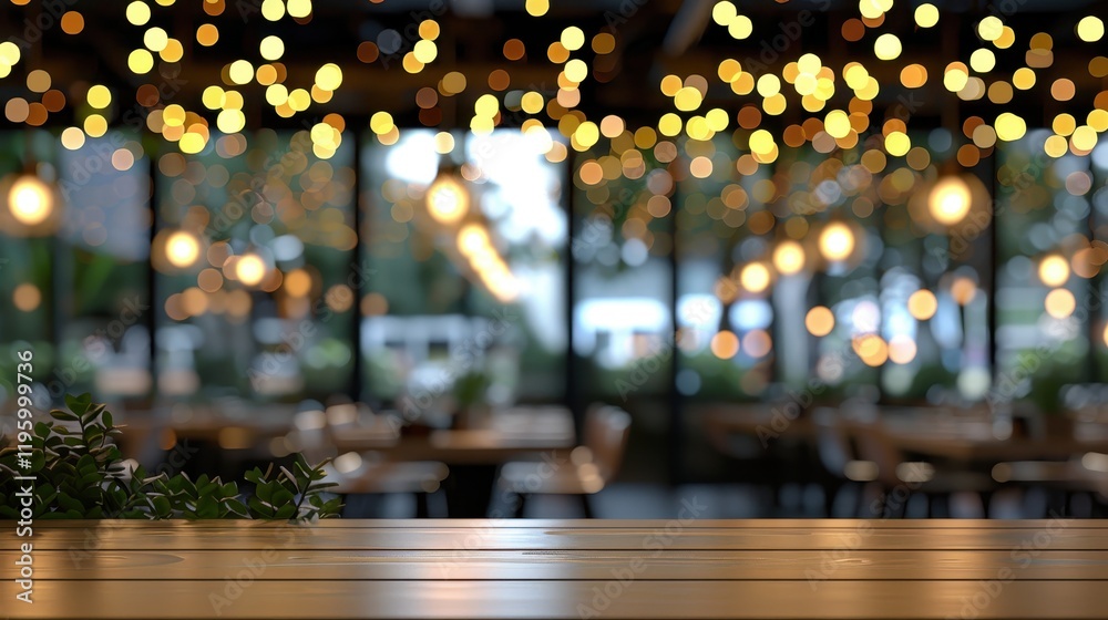 Fototapeta premium Wooden Table in a Blurred Cozy Restaurant Setting.