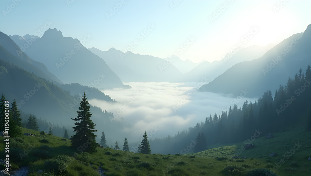 Obraz premium Awakening the Valley: Rays of Light Through Mist
