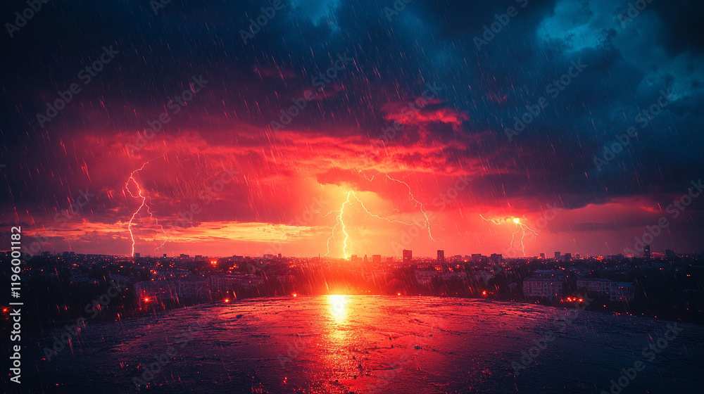 Obraz premium Lightning strikes over a city at night with chaotic skies, illuminating buildings and casting dramatic shadows, while a blurred blank space on the side offers room for captions