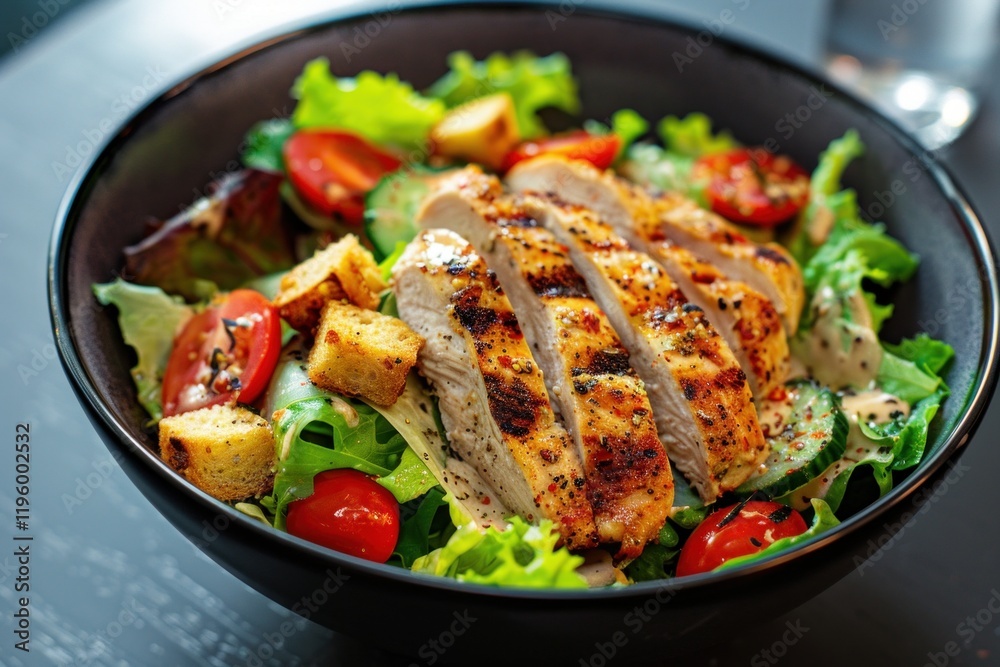 Colorful bowl of chicken salad with tomatoes, greens, and seasoned croutons Colorful bowl of chicken salad with tomatoes, greens, and seasoned croutons