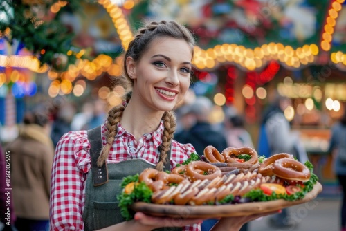 Cheerful woman dressed in dirndl presenting a wooden platter of pretzels at a festive market photo