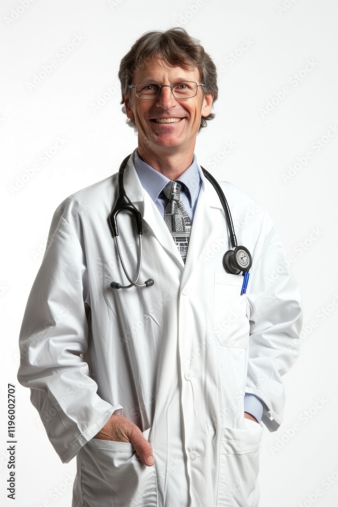Smiling male doctor in lab coat and stethoscope, isolated on white background Smiling male doctor in lab coat and stethoscope, isolated on white background