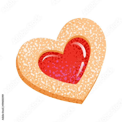 Heart shaped cookie with jam. Sweet love symbol. Linzer cookie with sugar powder for Happy Valentine's Day, Christmas, New Year cards, stickers, wrapping paper, and banners. Vector illustration.