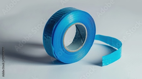 Close-up of a roll of vibrant blue painter's tape, partially unwound, showcasing its texture and color against a clean, neutral background. photo