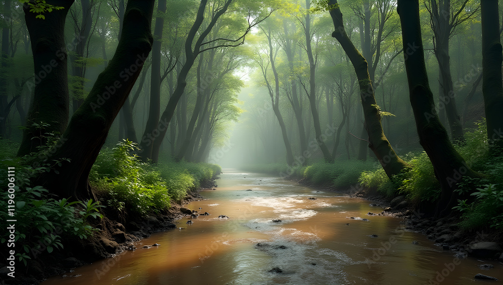 Fototapeta premium Ethereal Decay: Misty Forest with Twisting Rivers