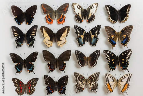 Collection of sixteen diverse exotic butterflies, meticulously arranged for study or display. photo