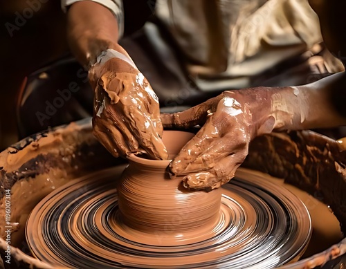 Mud-covered hands craft a pot on a spinning pottery wheel. photo