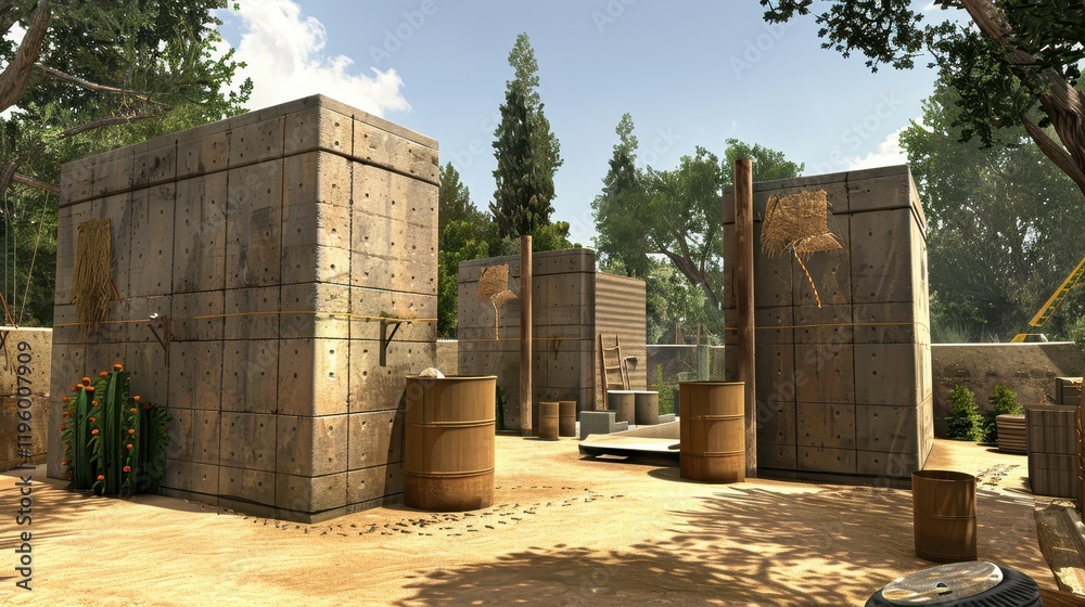 Post-Apocalyptic Desert Outpost Concrete Structures and Sandy Landscape. Post-Apocalyptic Desert Outpost Concrete Structures and Sandy Landscape.