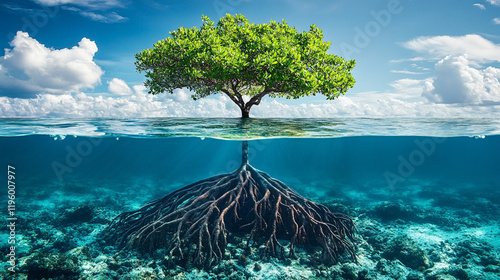 mangrove tree with its roots submerged in clear water, reflecting resilience, adaptability, and the interconnectedness of life in natural ecosystems