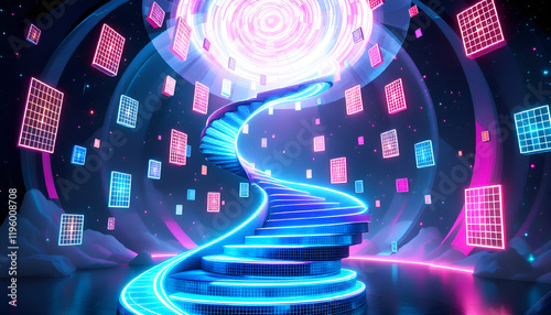 Futuristic spiral staircase illuminated with neon lights in a digital space environment