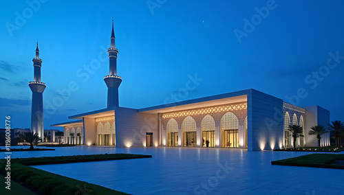 Glass and Stone Mosque: Serenity and Modern Design at Dusk