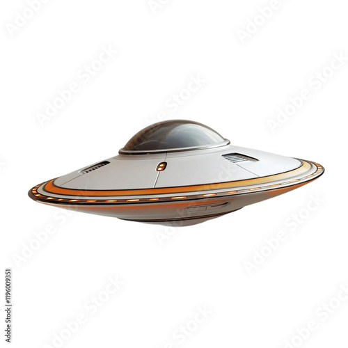 Futuristic White UFO Spaceship 3D Render Model alien craft orange isolated on transparent background, png