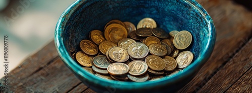 A wide banner showcasing a hoard of Roman coins on a dark wooden table, with ancient currency in an old ceramic pot, ideal for a vintage background. The concept emphasizes a pile, antique, texture, photo