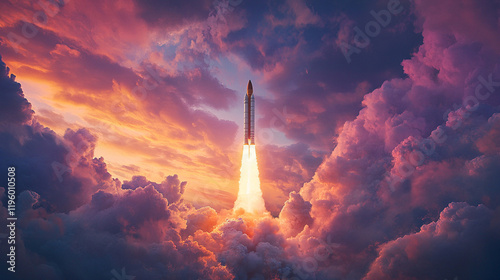 A modern sleek space shuttle or missile launches through dark clouds, symbolizing power, ambition, and technological breakthrough, cutting through the chaos with a sense of determination against a dra photo