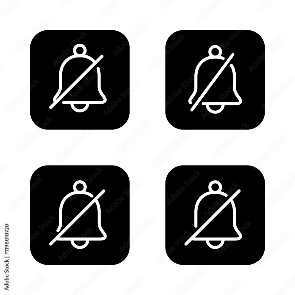Silent bell outline icon set collection on black square. Mute notification sign symbol Silent bell outline icon set collection on black square. Mute notification sign symbol
