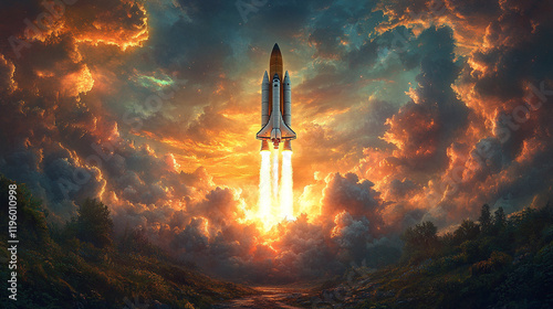 A modern sleek space shuttle or missile launches through dark clouds, symbolizing power, ambition, and technological breakthrough, cutting through the chaos with a sense of determination against a dra photo