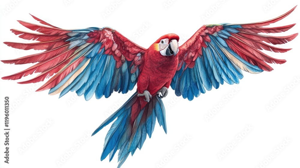 Fototapeta premium A vibrant parrot captured mid-flight with wings fully spread, showcasing bold red and blue feathers against a clear sky