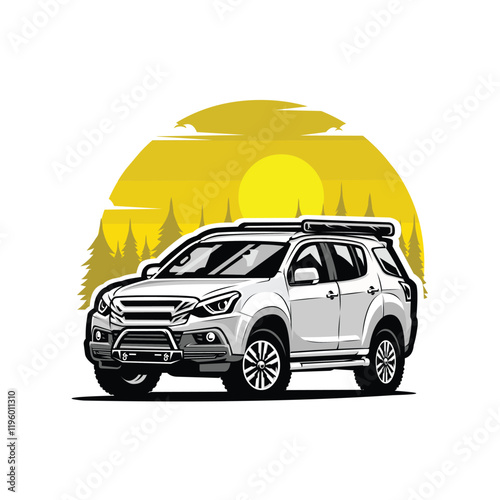 Adventure Offroad Camper SUV Truck with Side Awning in Outdoor Forest Vector Art Illustration
