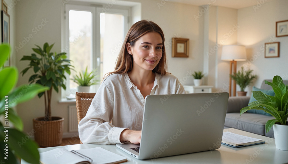 Smiling woman on video call in modern living room, remote work success Smiling woman on video call in modern living room, remote work success