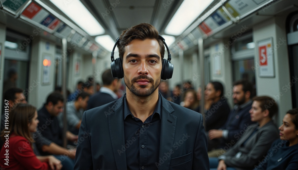Job candidate wearing headphones in crowded subway train, urban commute Job candidate wearing headphones in crowded subway train, urban commute