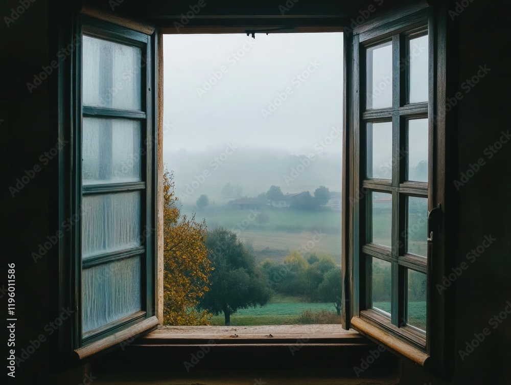 Fototapeta premium Misty landscape through cottage window with rolling hills and trees, serene atmosphere, rural countryside scene.
