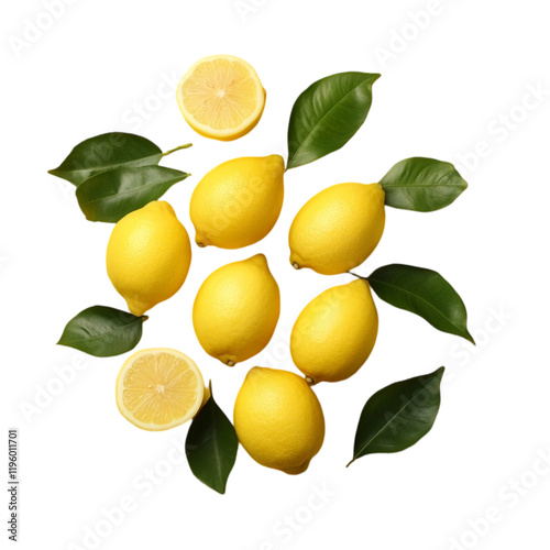 Wallpaper Mural Fresh Yellow Lemons with Green Leaves, Juicy Citrus food ripe diet isolated on transparent background, png Torontodigital.ca