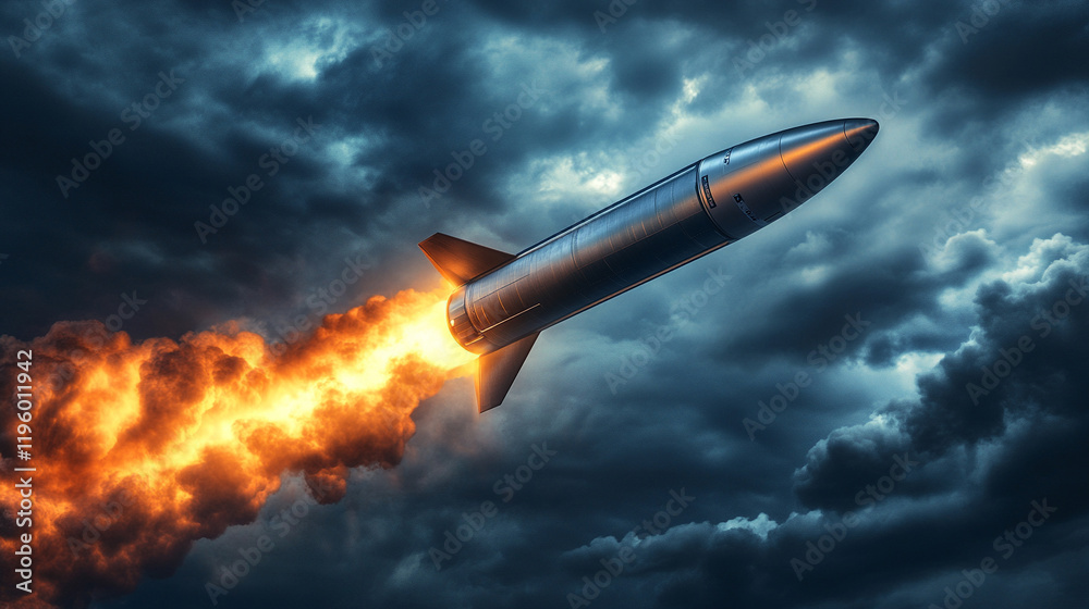A modern sleek space shuttle or missile launches through dark clouds, symbolizing power, ambition, and technological breakthrough, cutting through the chaos with a sense of determination against a dra A modern sleek space shuttle or missile launches through dark clouds, symbolizing power, ambition, and technological breakthrough, cutting through the chaos with a sense of determination against a dra