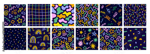 Collection of retro 80s, 90s colorful vector seamless patterns. Doodle fun kid backgrounds. Childish cute hand drawn design useful for fabric, textile, cover, banner, label, print, wrapping, wallpaper
