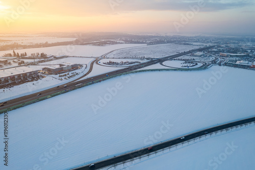 Nupaky, Czech republic - December 5, 2023. Aerial view of D1 highway, exit by Dobrejovice, Cestlice photo